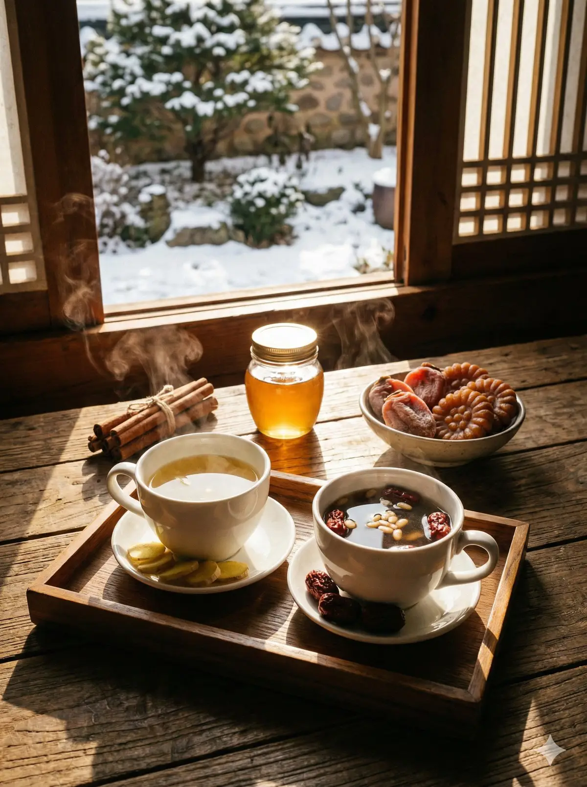 김이 모락모락 나는 생강차나 대추차, 계피 스틱이 놓인 따뜻한 감성의 티타임 사진