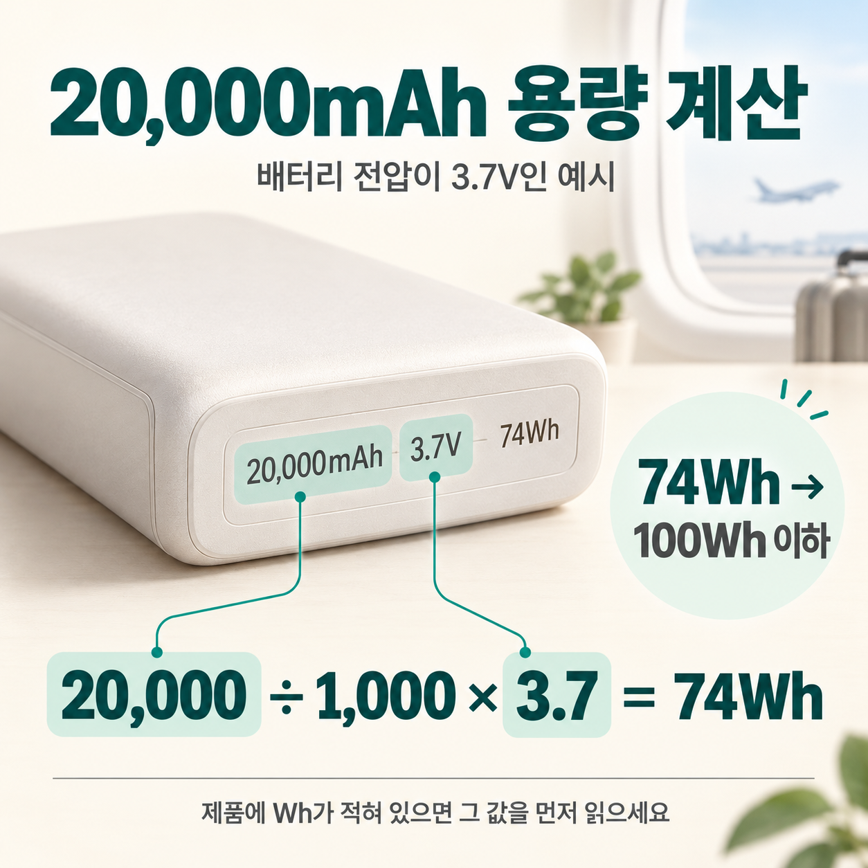 20000mAh와 3.7V 표시를 읽어 74Wh로 계산하는 예시