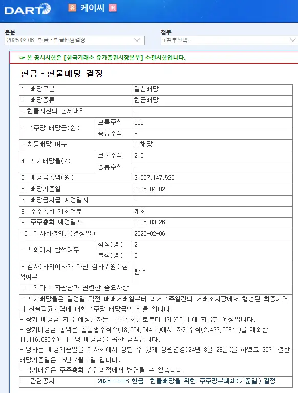 케이씨(029460) 2025년 배당