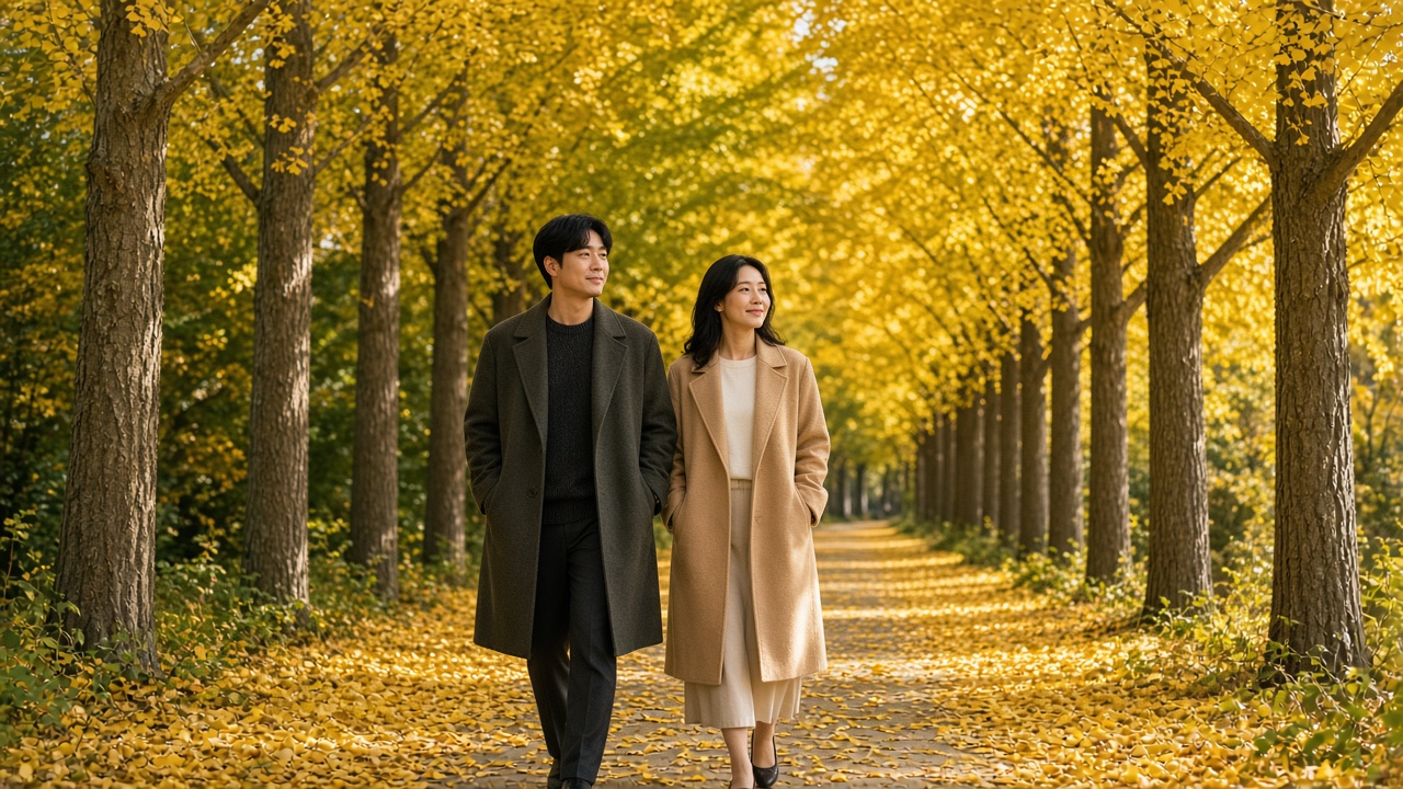 노랗게 물든 은행나무가 줄지어 선 숲길을 걷는 30대 한국인 부부