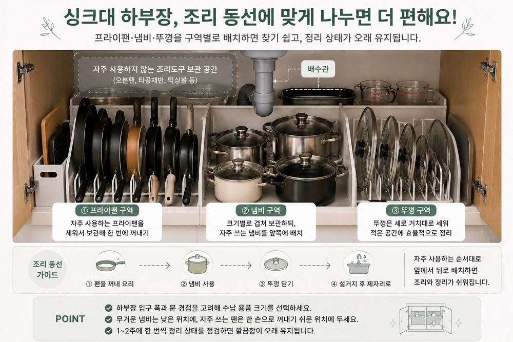 싱크대 하부장을 조리 동선에 맞게 프라이팬, 냄비, 뚜껑을 구역별로 나누어 정리한 주방 수납 이미지로, 자주 사용하는 프라이팬은 앞쪽에 세워 보관하고 냄비와 뚜껑은 종류별로 배치해 공간 활용과 사용 편의성을 높인 모습