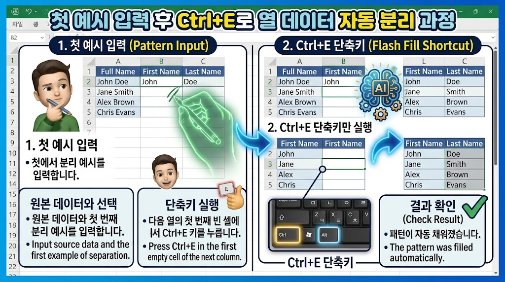 엑셀 시트 B2 셀에 예시 텍스트 입력 후 Ctrl+E 단축키를 눌러 B열 전체가 채워지는 실행 화면 캡처