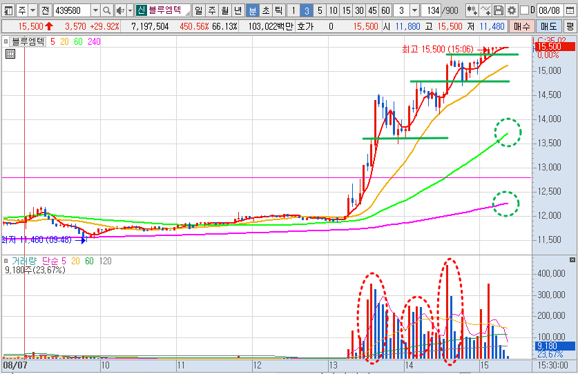 블루엠텍 주가 3분봉 차트 분석