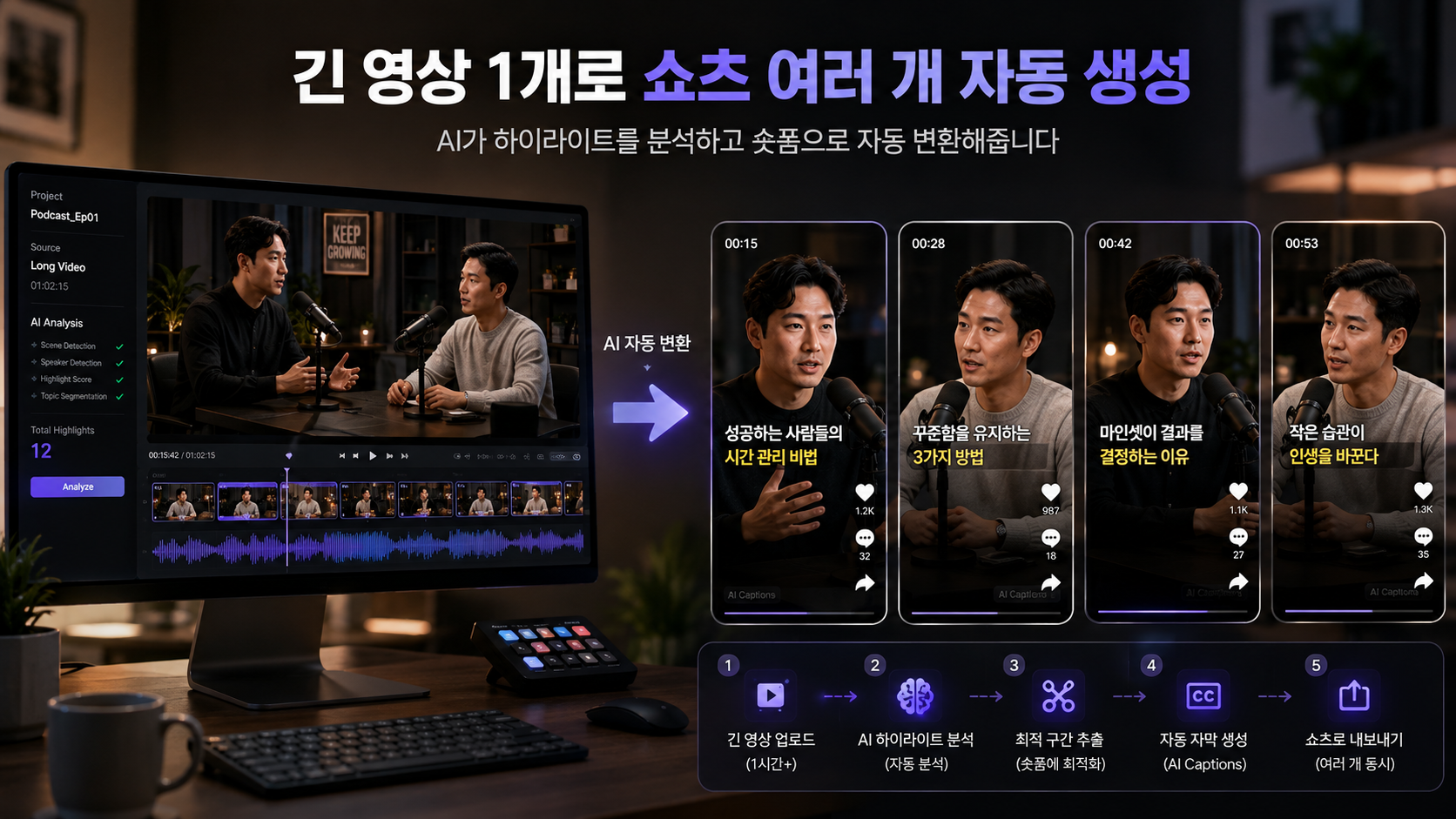 긴 영상이 여러 개의 숏폼으로 변환되는 작업 화면