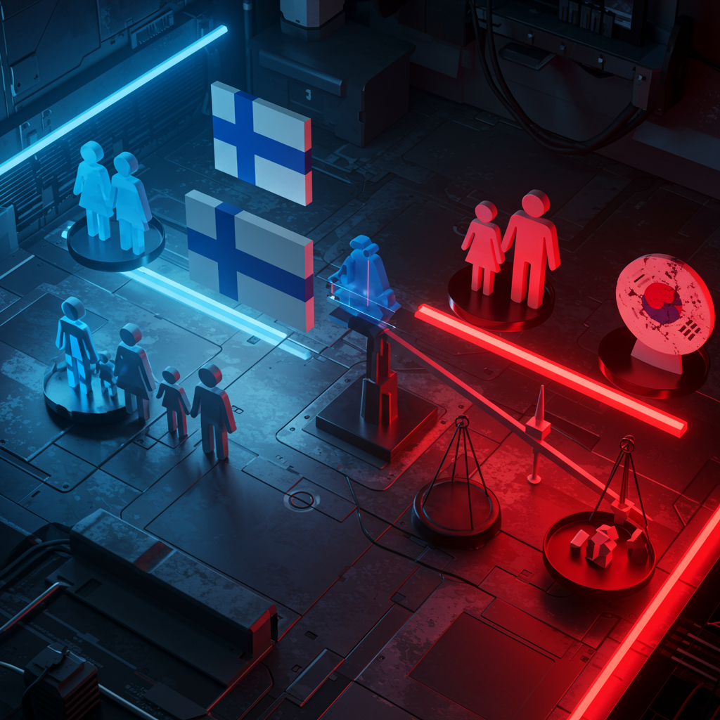 OECD 선진국들의 성공적인 육아 제도와 한국의 불균형한 돌봄 복지 상황을 비교하는 그래프 컨셉 이미지. 저출산 해법의 방향을 제시합니다.