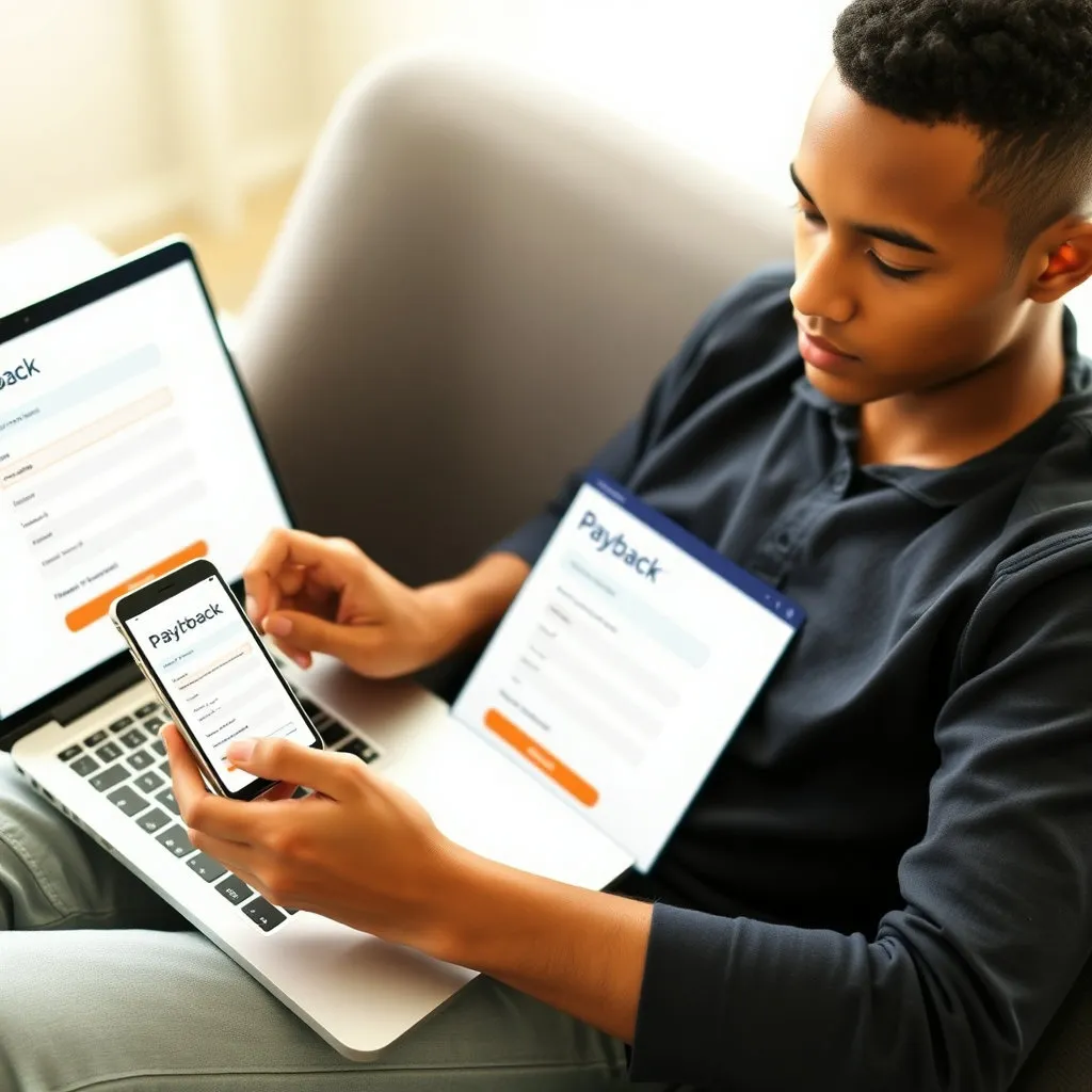 스마트폰이나 컴퓨터 화면을 통해 상생페이백 온라인 신청 페이지에 접속하여 정보를 입력하는 모습입니다. 사용자들이 쉽게 따라 할 수 있다는 점을 부각합니다.