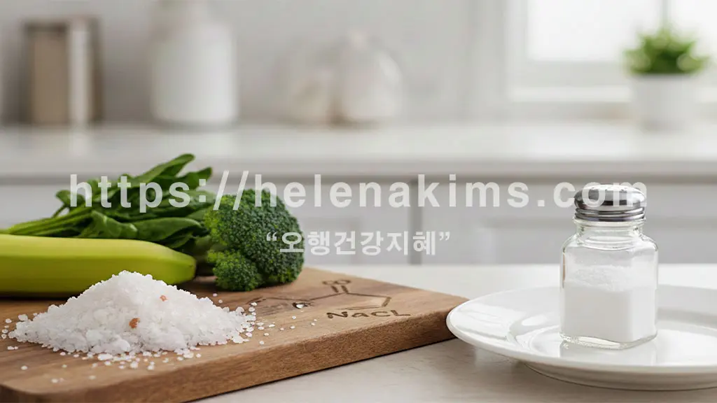 밝고 깨끗한 주방 탁자 위에 소금이 놓여 있는 모습.