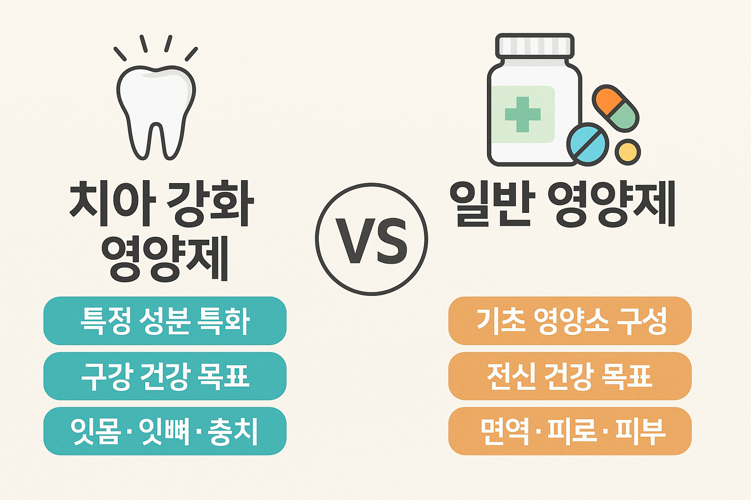 &quot;치아 강화 vs 일반 영양제&quot;에 대한 이미지입니다.