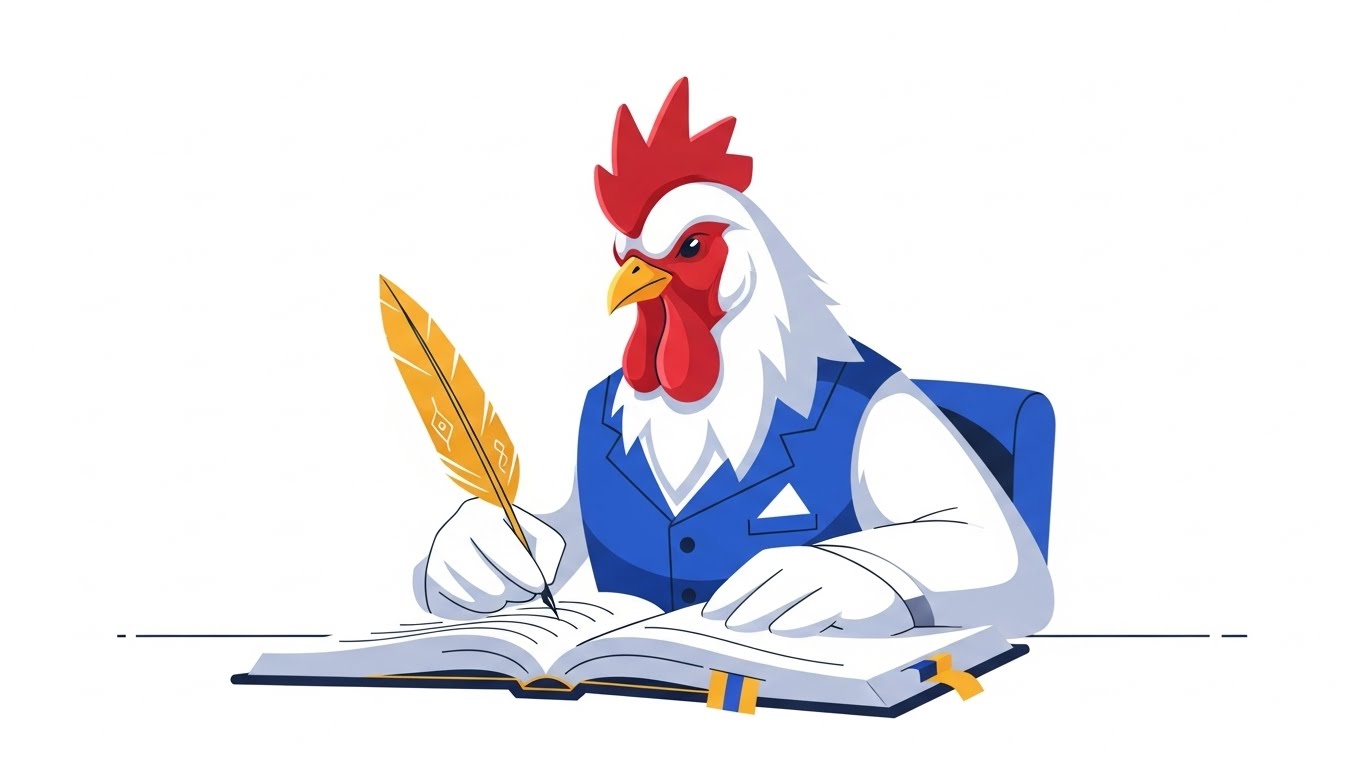정교한 기록과 계획으로 비즈니스 완성도를 높이고 미래를 대비하는 전문가 느낌의 닭띠 캐릭터 이미지