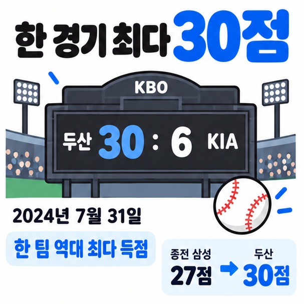 두산의 2024년 KBO 한 경기 팀 최다 득점 30점 기록을 보여주는 카드뉴스