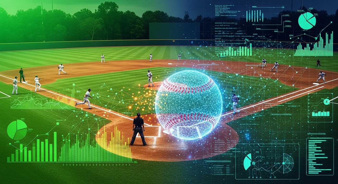 세이버메트릭스를 상징하는 야구 경기장과 데이터 그래프가 어우러진 현대적인 이미지. 야구공과 숫자 데이터가 조화롭게 표현되어 야구 분석의 진화를 보여줍니다.