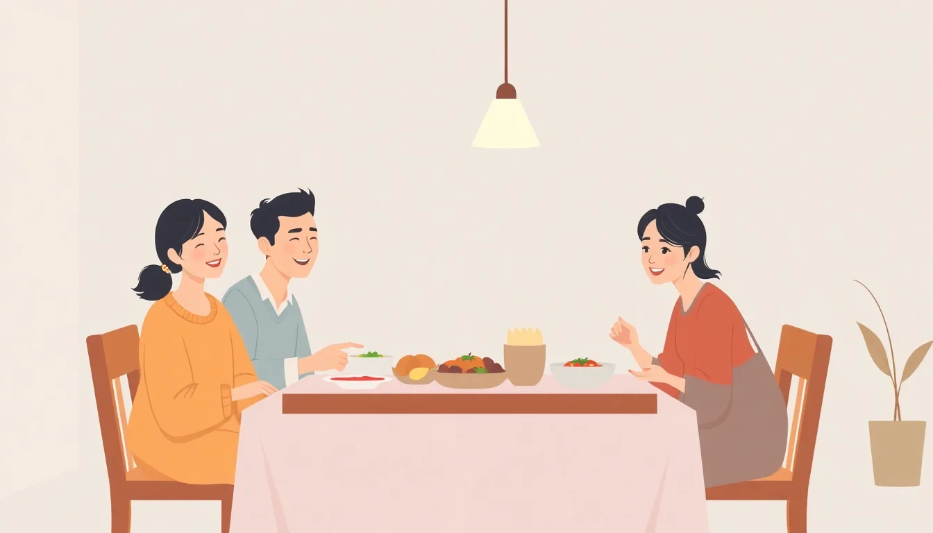 한 가족이 식탁에 둘러앉아 즐겁게 식사하는 모습