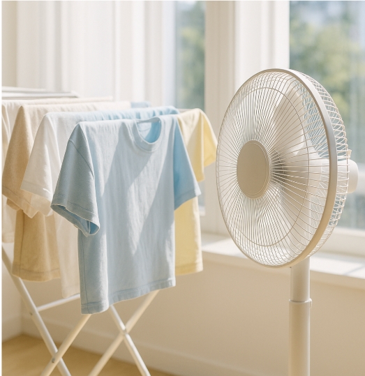 선풍기를 놓고 빨래말리기