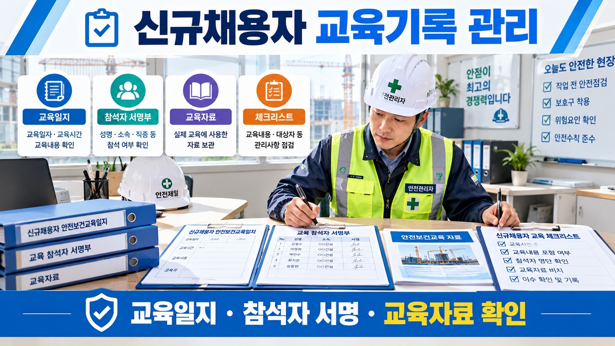 건설현장 안전관리자가 신규근로자 교육일지와 서명부를 확인하는 모습