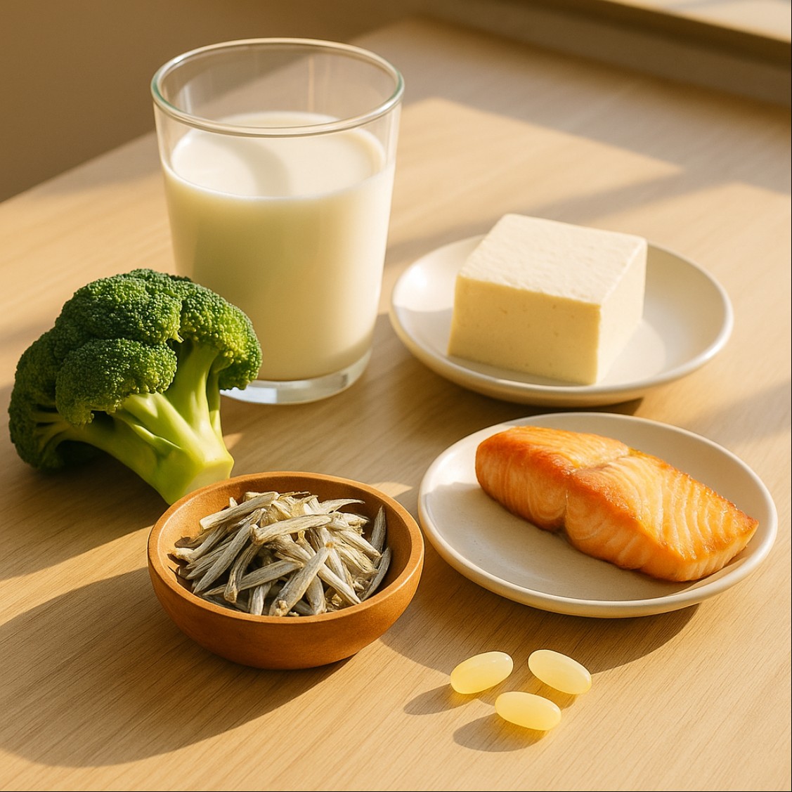 칼슘 흡수 잘되는 식품과 비타민 D가 함께 있는 식탁 이미지