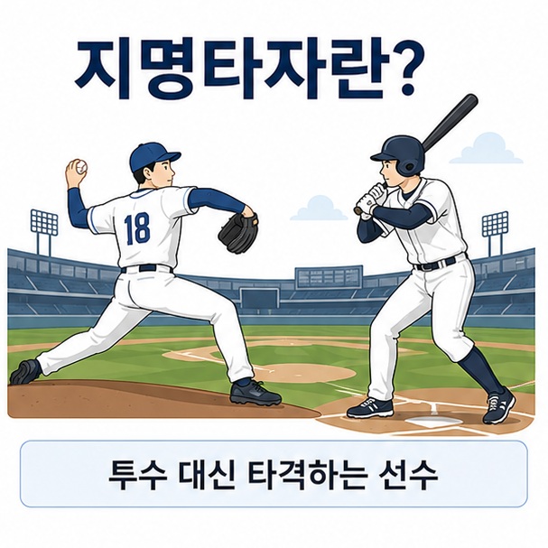 투수와 타자를 함께 배치해 지명타자란 투수 대신 타격하는 선수라는 의미를 설명한 대표 이미지