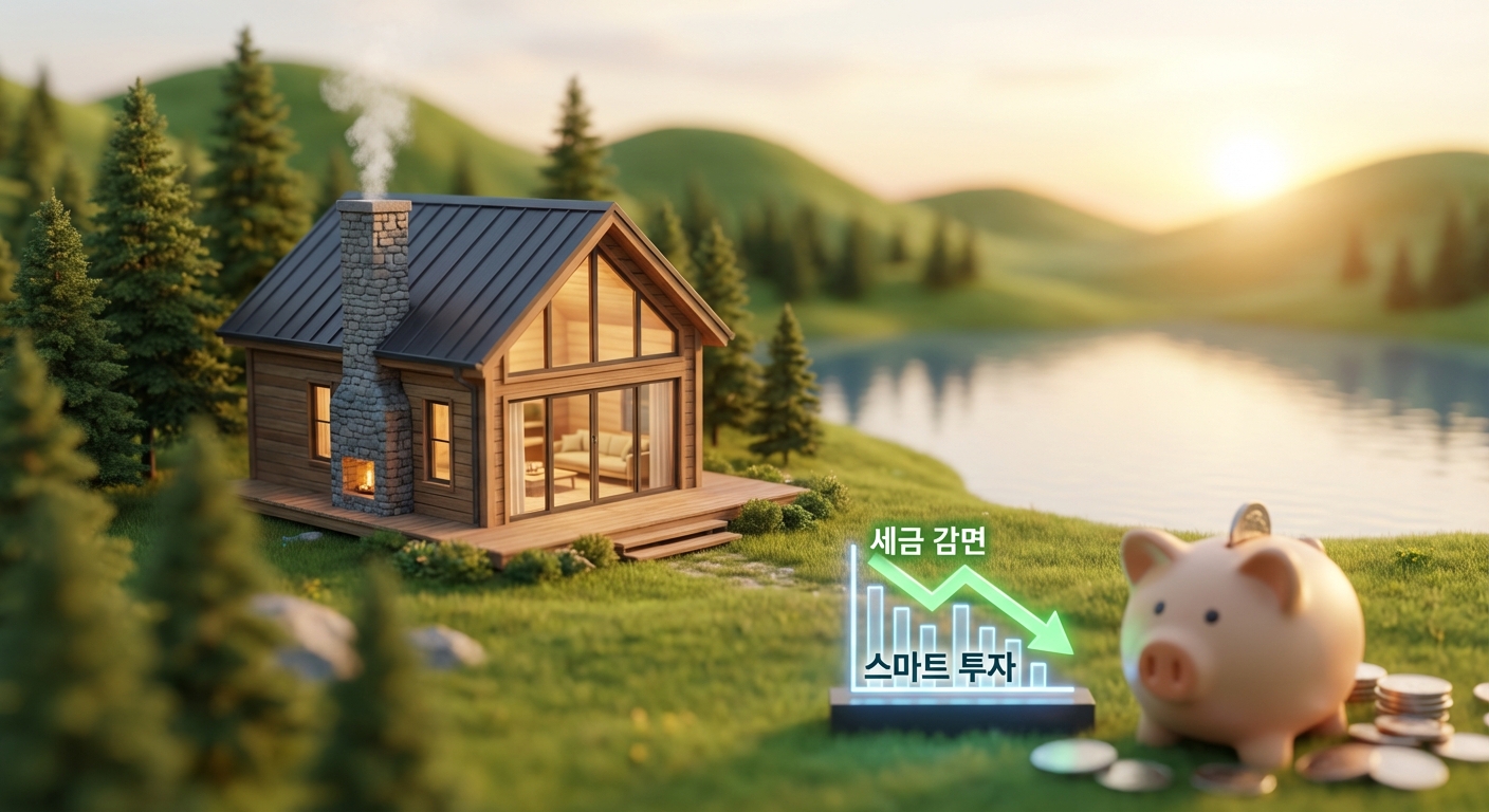 아름다운 자연 속에 자리 잡은 아늑한 세컨드홈과 함께 세금 절약 혜택을 상징하는 요소들이 어우러져 다주택자의 현명한 투자를 나타내는 이미지.