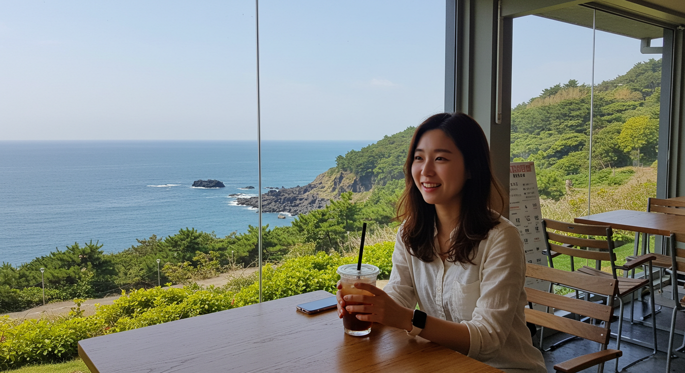 제주 올레길 트레킹 후 바다 뷰 카페에서 휴식을 취하는 한국인 여행자