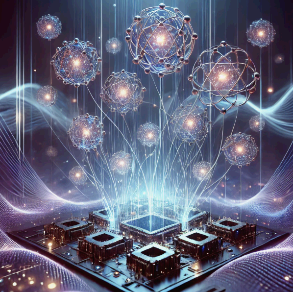 양자 얽힘을 형상화한 입자들이 반짝이는 빛줄기로 연결되어 양자칩 위를 떠다니는 모습. 다수의 큐비트가 정보 흐름을 상징하며 복잡한 회로와 미래지향적 분위기를 연출한다.