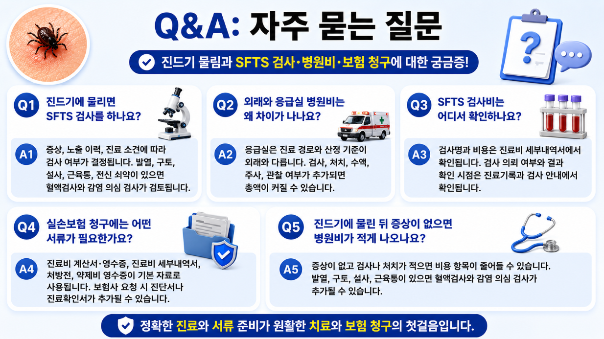 7. 진드기 물림 뒤 SFTS 검사, 외래&middot;응급실 비용 차이, 검사비 확인, 실손보험 서류를 Q&amp;A 형식으로 정리한 인포그래픽