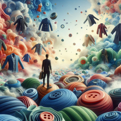 구름과 버튼, 옷이 떠 있는 꿈같은 풍경.