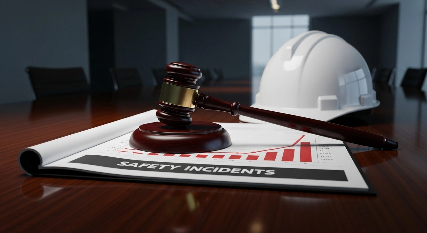 기업 보고서와 안전모 위에 놓인 법봉을 통해 중대재해처벌법에 따른 경영진의 법적 책임과 안전 관리의 중요성을 나타내는 이미지.