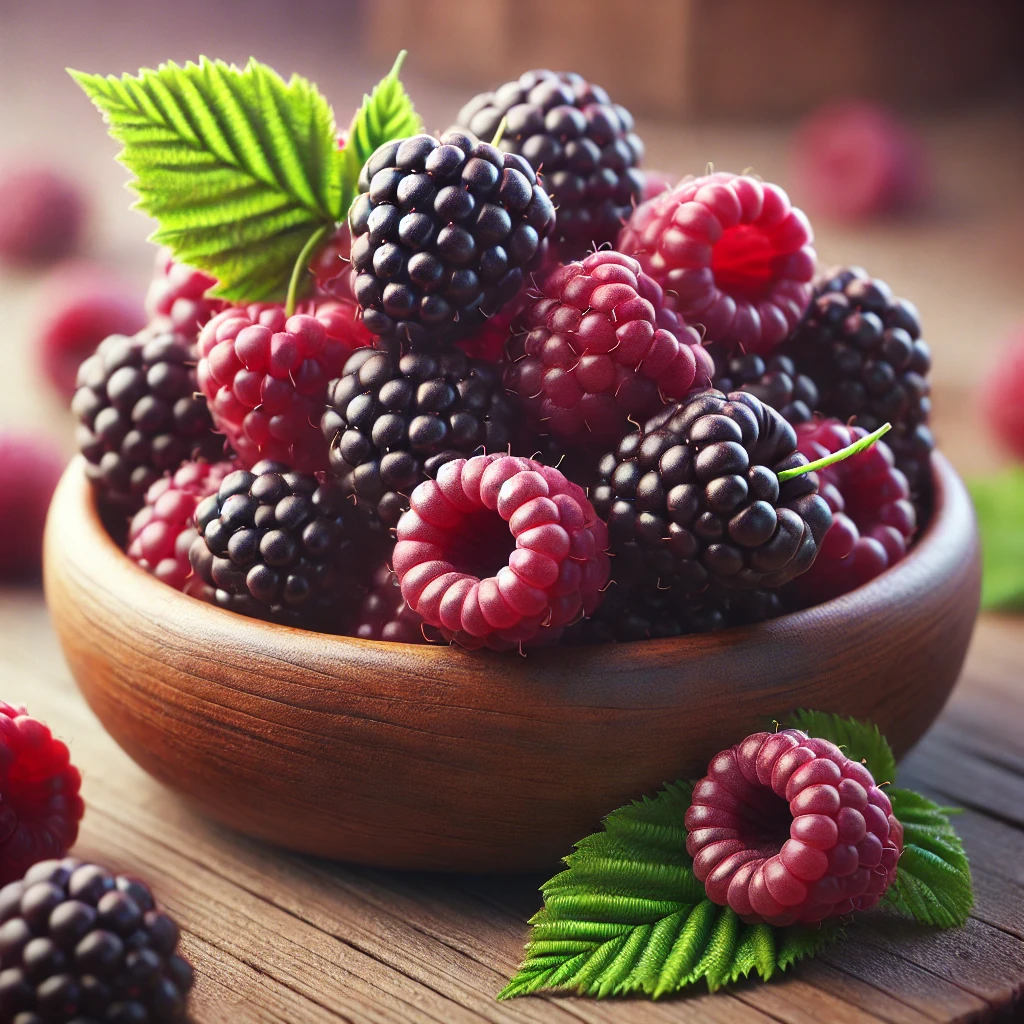 나무 그릇에 담긴 신선한 복분자 열매가 촉촉하게 빛나고 있으며, 짙은 자주색을 띠고 있는 모습.