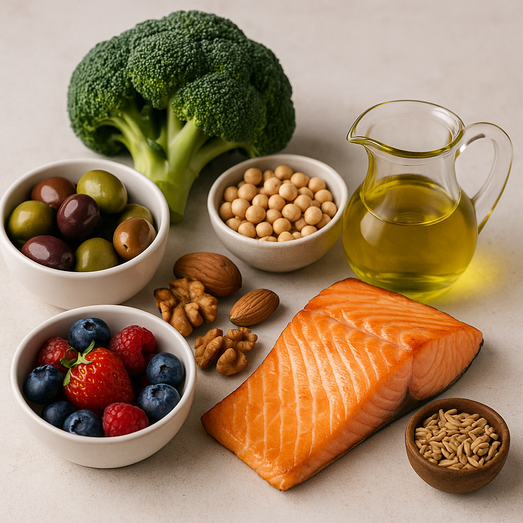 고화질 실사 스타일의 지중해식 식단 재료 — 연어, 올리브유, 브로콜리, 올리브, 병아리콩, 블루베리, 딸기, 아몬드, 호두, 해바라기씨