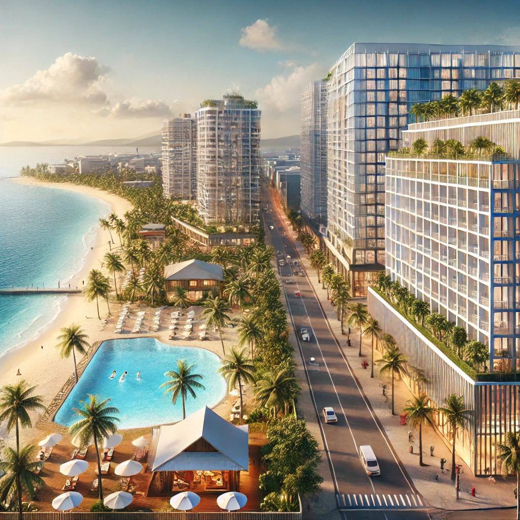 세부의 다양한 숙소 전경을 보여주는 이미지, 해변 리조트와 시내 호텔이 나란히 배치된 모습