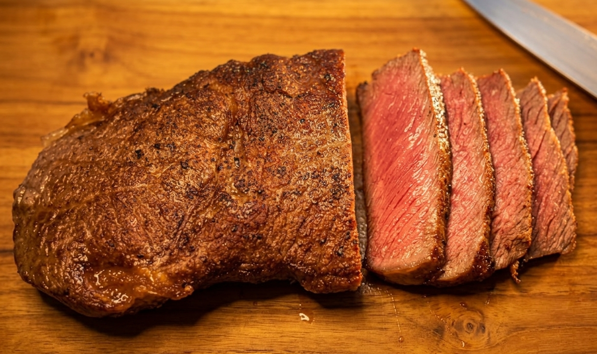 수비드 한우 채끝 스테이크 미디엄 레어 단면 사진