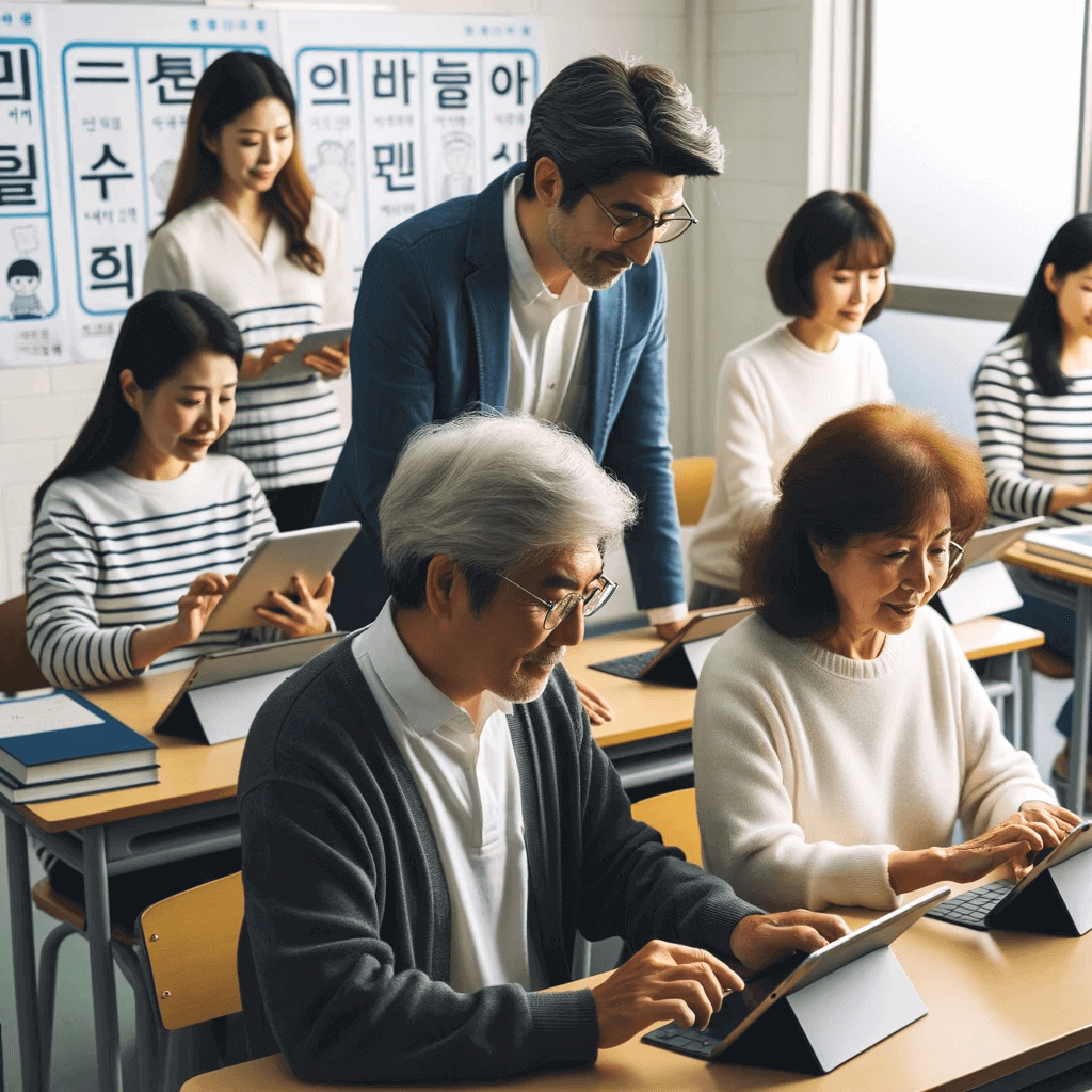 성인 학습자들이 태블릿과 컴퓨터를 사용하여 디지털 기술을 배우는 데 적극적으로 참여하고 있습니다.