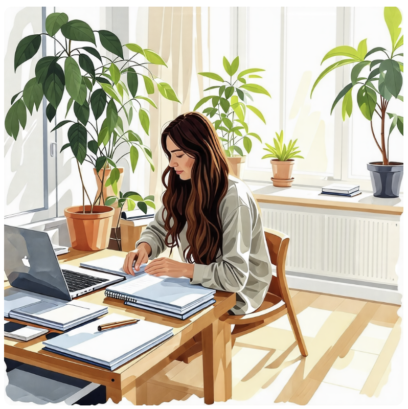 편안한 분위기의 방에서 책상 정리를 하고 있는 젊은 여성의 모습이 수채화 풍으로 그려져 있다