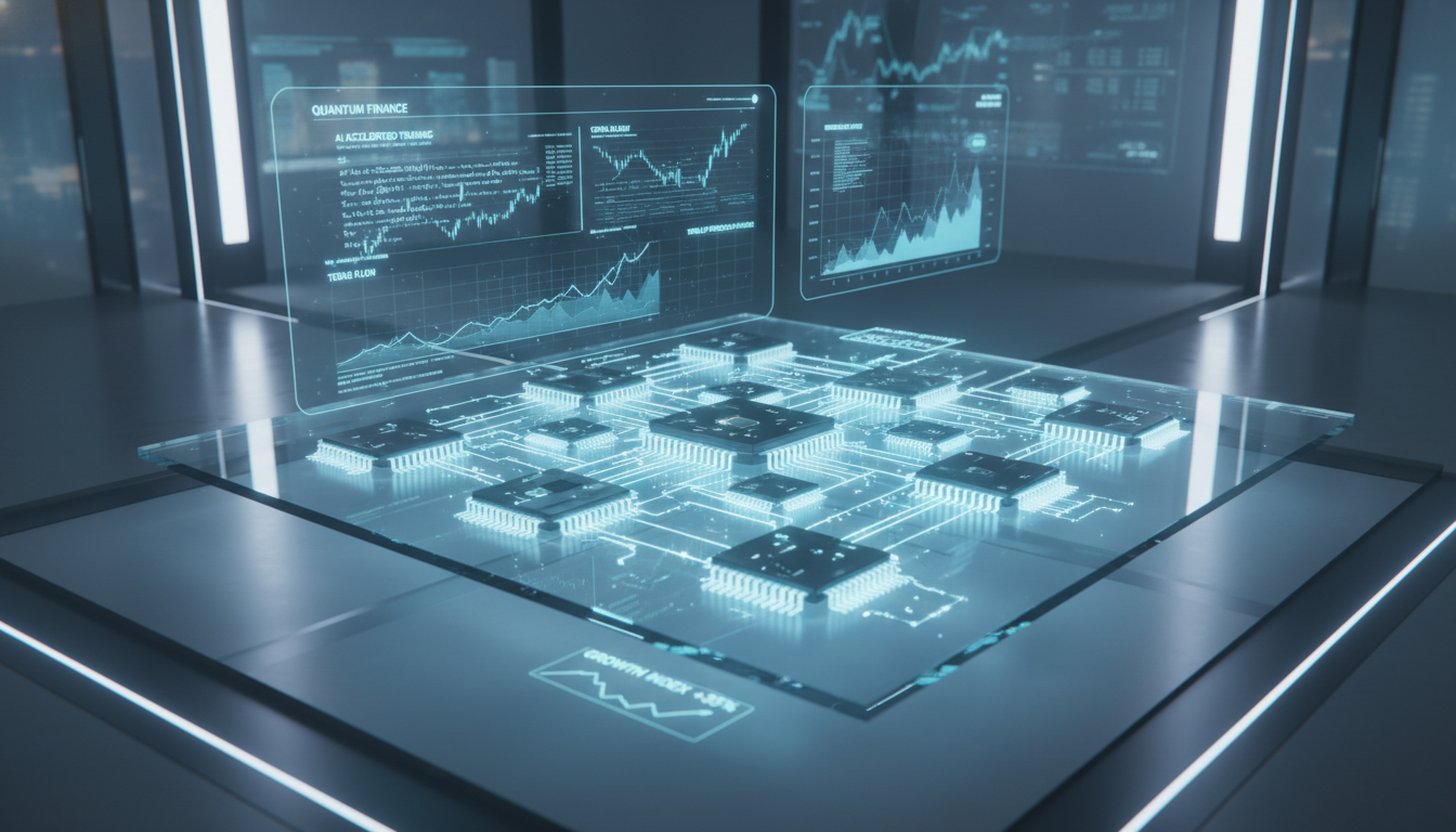 AI 반도체 핵심 부품인 유리기판과 빛나는 광케이블의 미래지향적 3D 일러스트