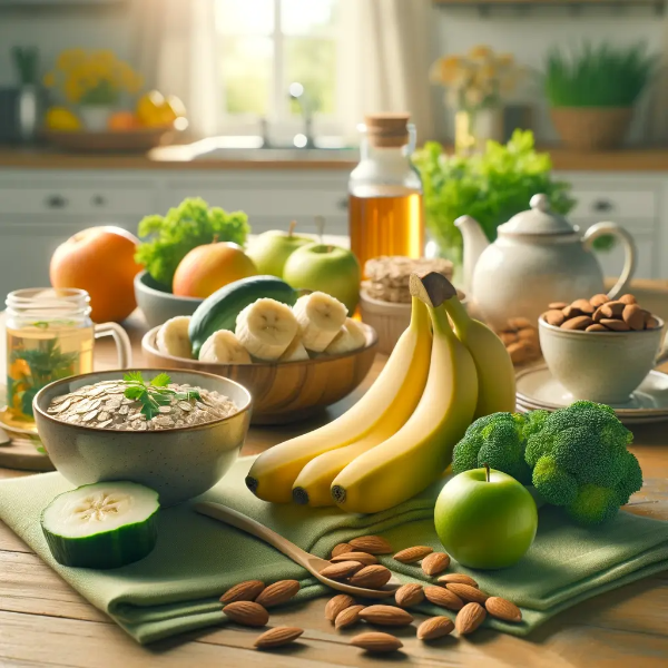 위에 좋은 음식들 &ndash; 오트밀, 바나나, 허브티, 야채가 담긴 내추럴톤 식단 연출
