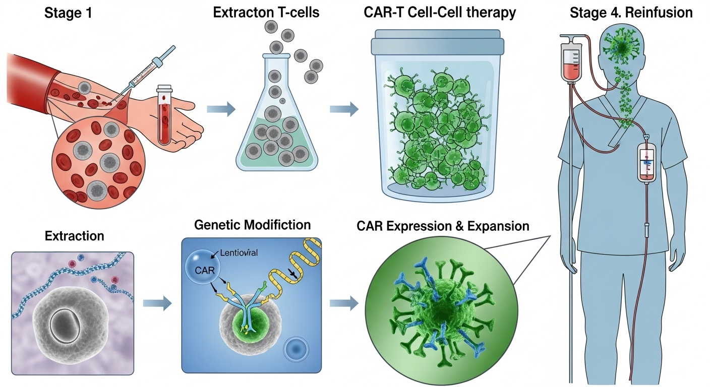 CAR-T 치료 과정을 시각적으로 보여주는 과학 일러스트. 환자에게서 채취한 T세포를 유전자 변형하여 암세포를 공격하도록 만든 후 다시 주입하는 모습.