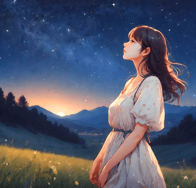 하얀 반팔 원피스를 입은 젊은 여인이 밤하늘을 바라보는 옆모습이다.
