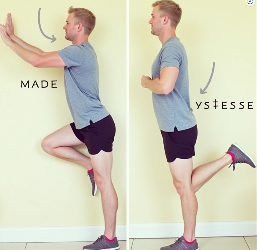 벽을 향해 서 있는 사람의 옆모습. 한 발은 앞으로, 다른 발은 뒤로 뻗어 벽을 밀고 있는 자세. 뒤쪽 다리의 종아리가 쭉 펴져 아킬레스건이 늘어나는 것이 보인다. 올바른 스트레칭 자세를 보여주는 화살표와 설명이 추가되어 있다.