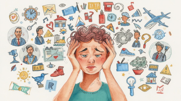 INTP는 완결되지 않은 상태를 불편해합니다. 특히 사고나 개념이 정리되지 않았을 때, 그 불안은 커져만 갑니다에 관한 그림