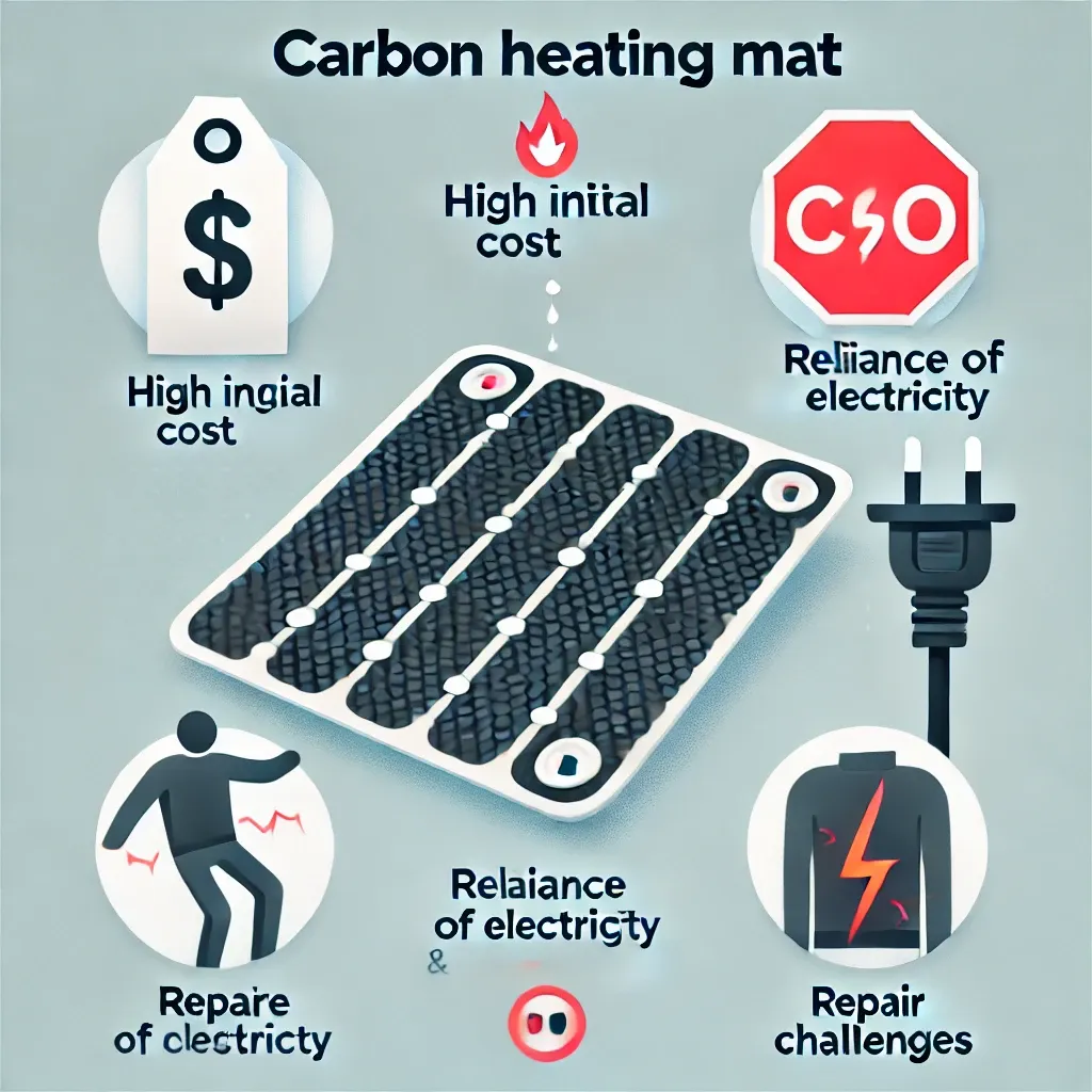 초기 비용&amp;#44; 전기 의존성&amp;#44; 수리 어려움 등 카본매트의 단점을 설명하는 인포그래픽