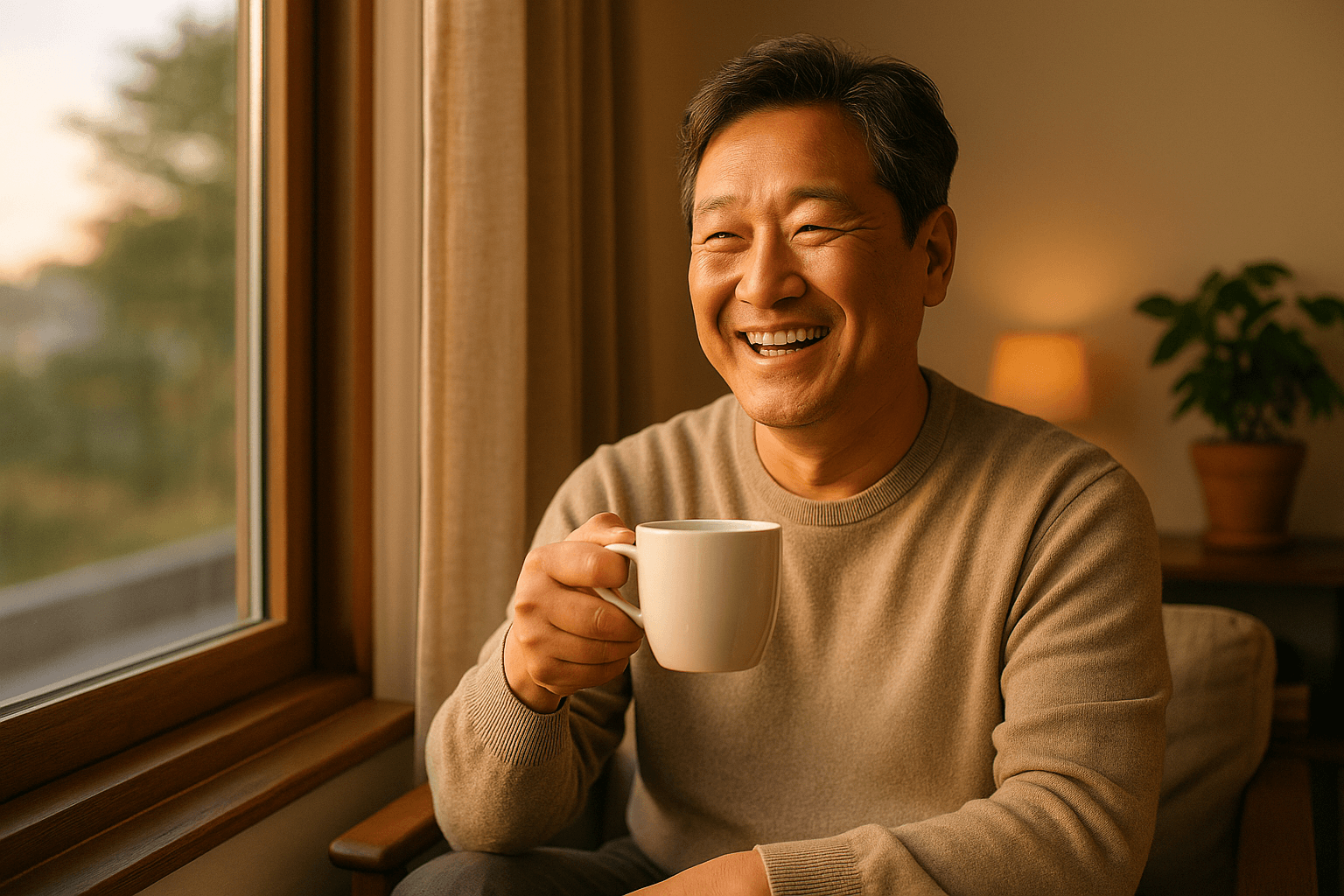 창가에 앉아 따뜻한 햇살을 받으며 흰 머그컵을 들고 환하게 웃는 중년 한국 남성