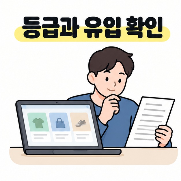 등급과 유입 확인 문구 아래에서 판매자가 상품 화면이 있는 노트북 옆으로 주문 기록 서류를 살펴보는 그림