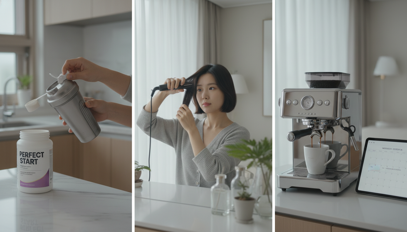 빠르고 효율적인 아침 루틴을 보여주는 시퀀스: 쉐이크 준비, 헤어 정돈, 커피 내리기