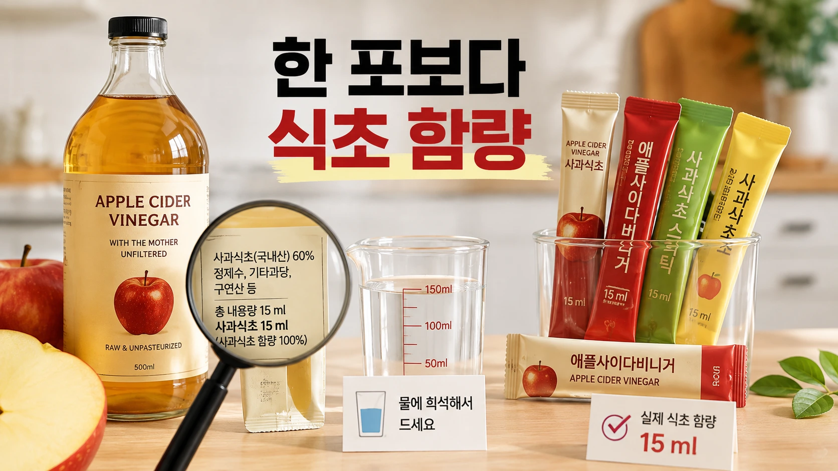 애플사이다비니거 병과 여러 애사비 스틱을 놓고 한 포의 실제 식초 함량과 희석 여부를 비교하는 모습