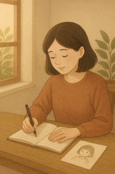 방안 책상에서 자신의 어린 시절에게 편지를 쓰는 모습 사진