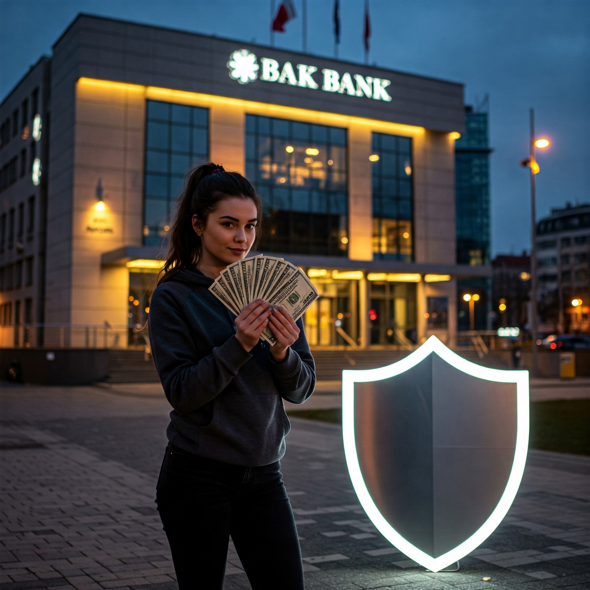 은행앞에 방패와 돈을 들고 있는 여자 이미지
