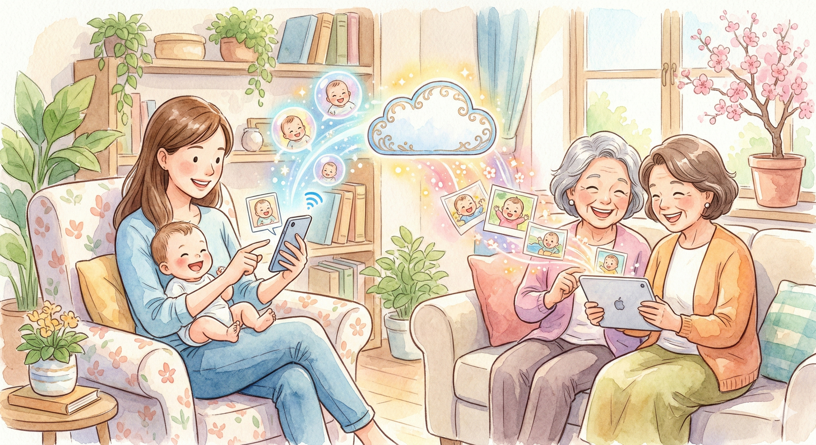 엄마가 아기와 함께 스마트폰으로 찍은 사진을 할머니들에게 클라우드로 쉽게 공유하며 모두가 행복해하는 수채화 삽화