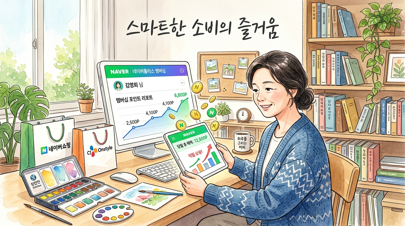 네이버페이 멤버십 가입하여 몇배에 달하는 포인트를 매달 돌려 받아 스마트한 소비의 즐거움에 미소 짓는 중년여성의 모습.