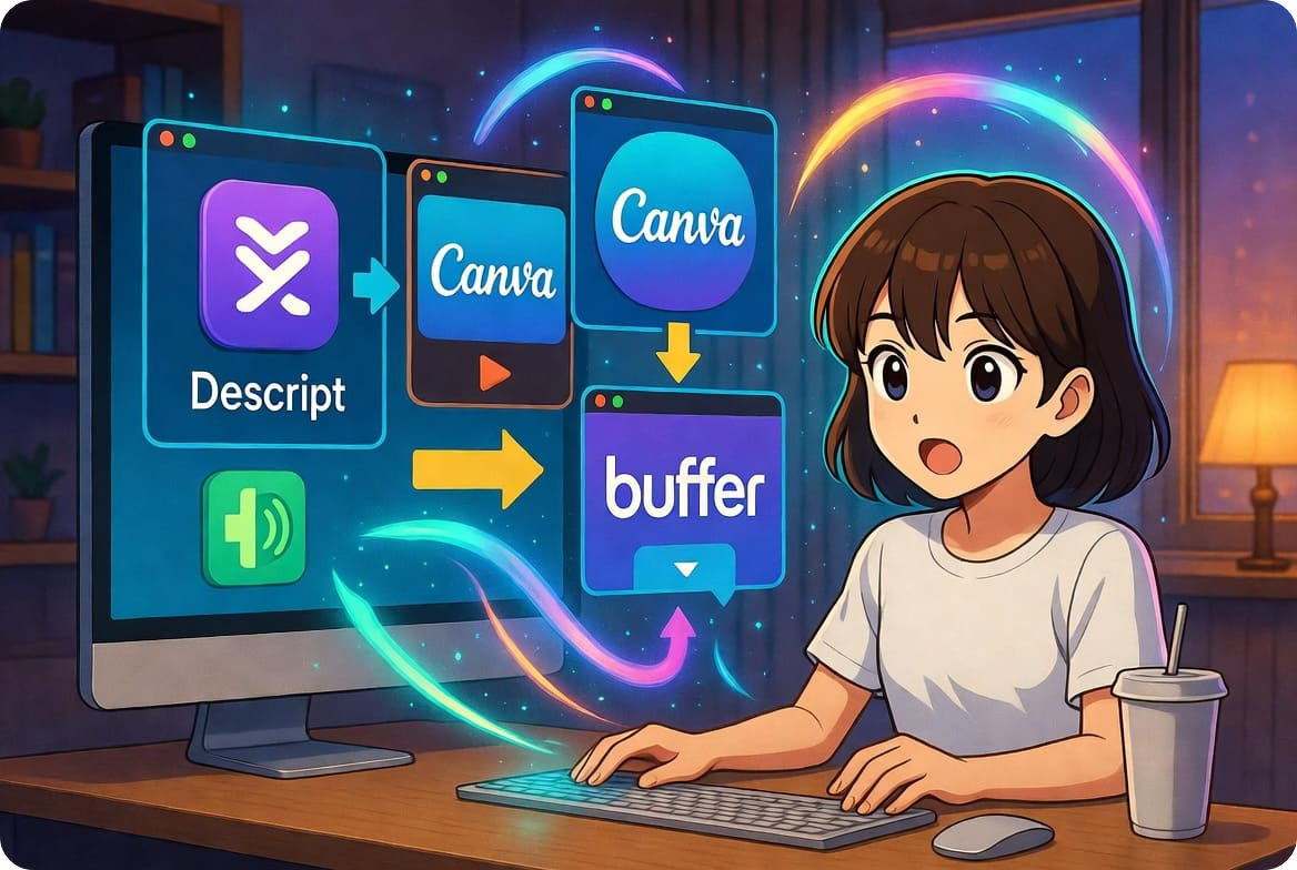Descript + Canva + Buffer