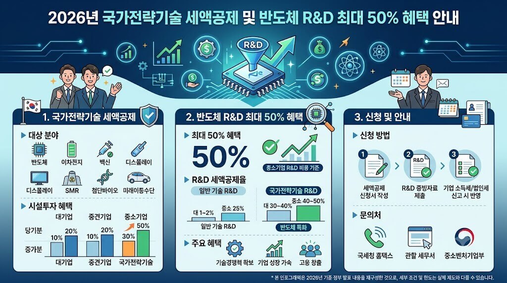 2026년 국가전략기술 세액공제 및 반도체 R&D 최대 50% 혜택 안내 인포그래픽