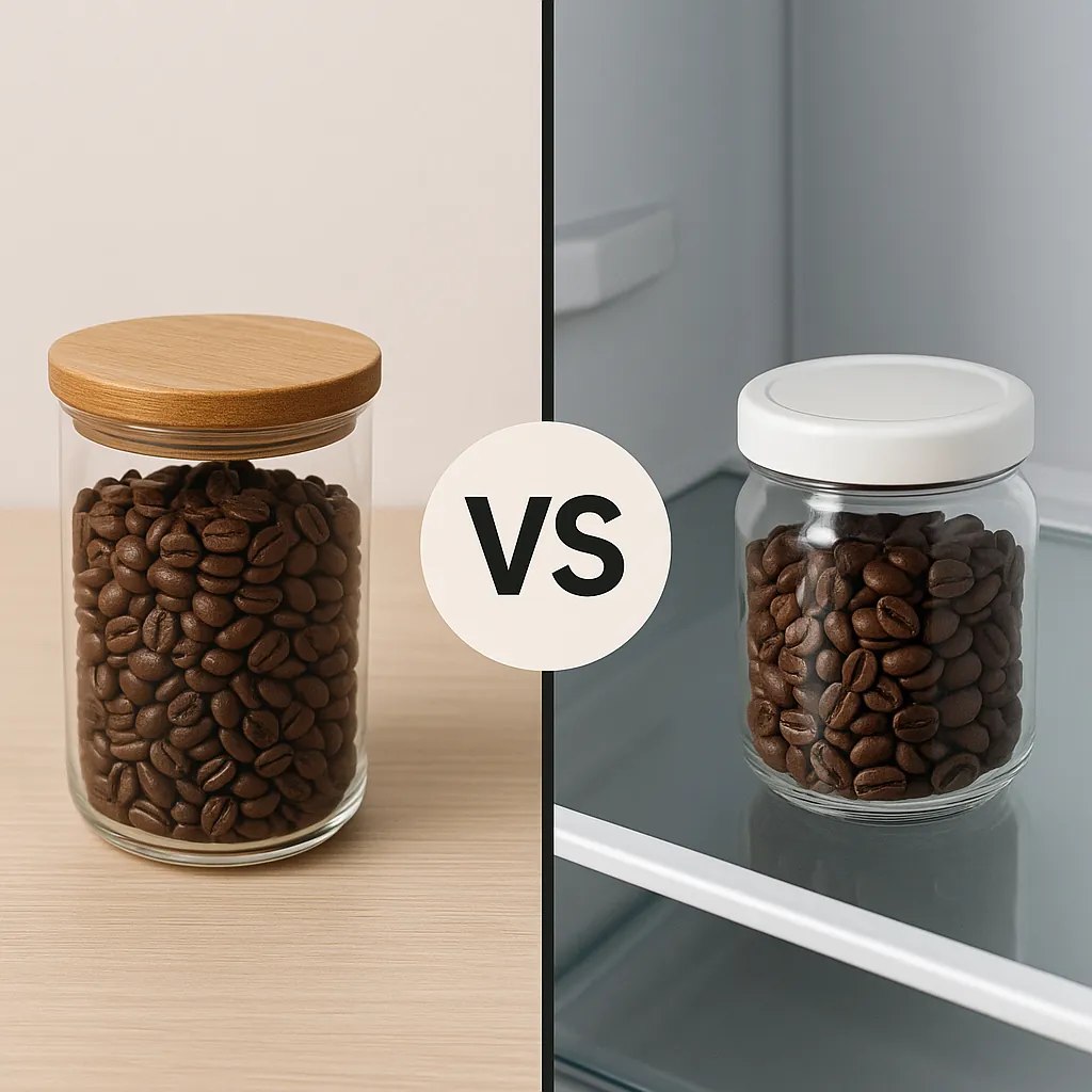 커피-원두-보관-방법-비교-좌측은-실온에서-보관한-원두-우측은-냉장고에서-보관한-원두-두-환경의-차이를-시각적으로-비교한-사진-실온은-따뜻하고-자연스러운-느낌-냉장은-차갑고-깔끔한-느낌으로-대조됨